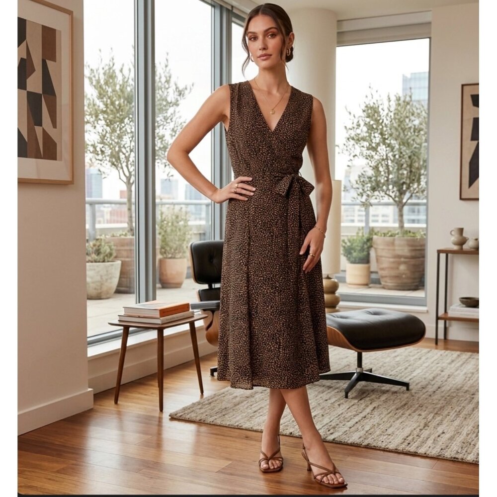 Talbots Petites Brown & Black Abstract Print Wrap Dress Sleeveless Size 8 100% S